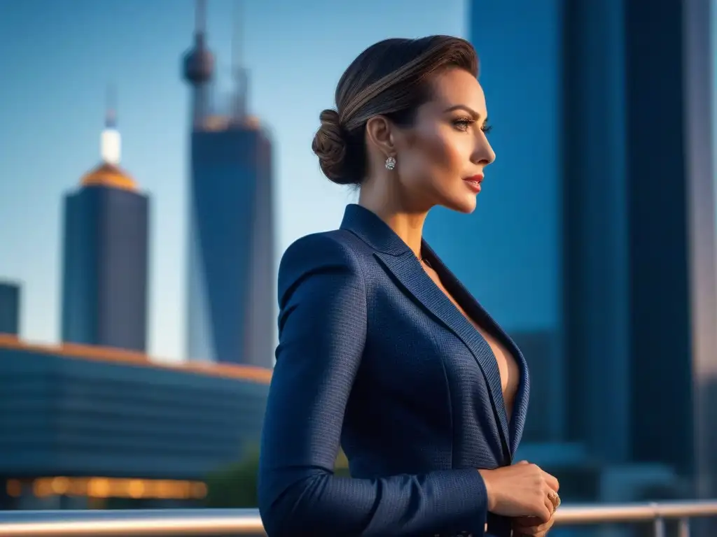 Mujer elegante en traje de pantalón frente a la ciudad al atardecer Una elegante mujer en traje, destacando su postura y estilo frente a una ciudad moderna al atardecer