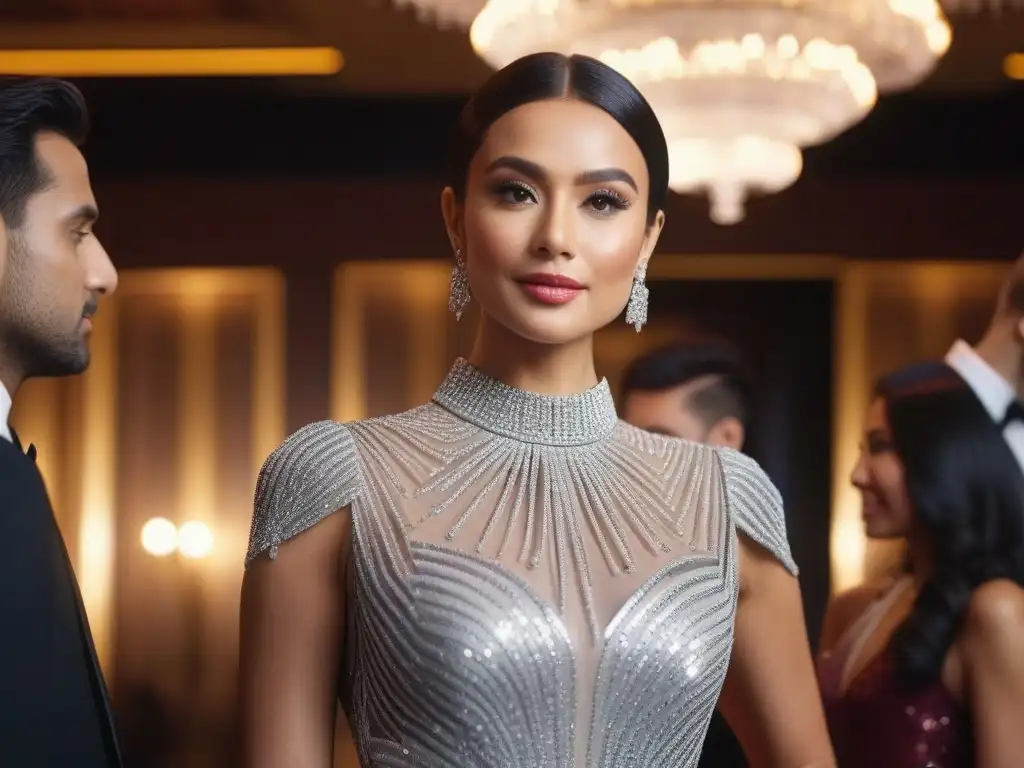 Imagen detallada en 8k: Mujer elegante en fiesta glamurosa Una elegante mujer en vestido plateado en fiesta glamurosa