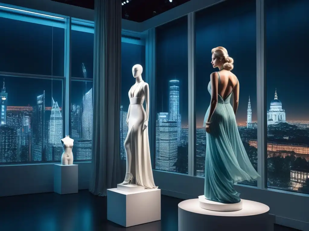 Exposición de moda icónica: lujo y creatividad en galería contemporánea Un elegante museo de moda para iconos, con piezas icónicas y maniquíes en un espacio moderno y luminoso