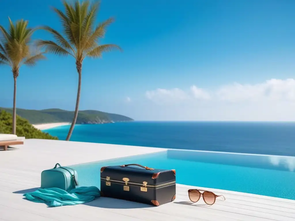 Maleta de viaje elegante para retiro de bienestar Un elegante y organizado equipaje de viaje con ropa y accesorios de moda, en una playa tropical