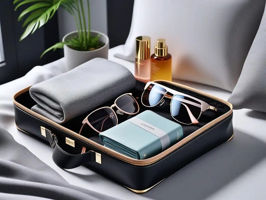 Maleta de viaje elegante y organizada con accesorios chic Un elegante y organizado kit de viaje, con ropa enrollada, artículos de aseo y accesorios de moda