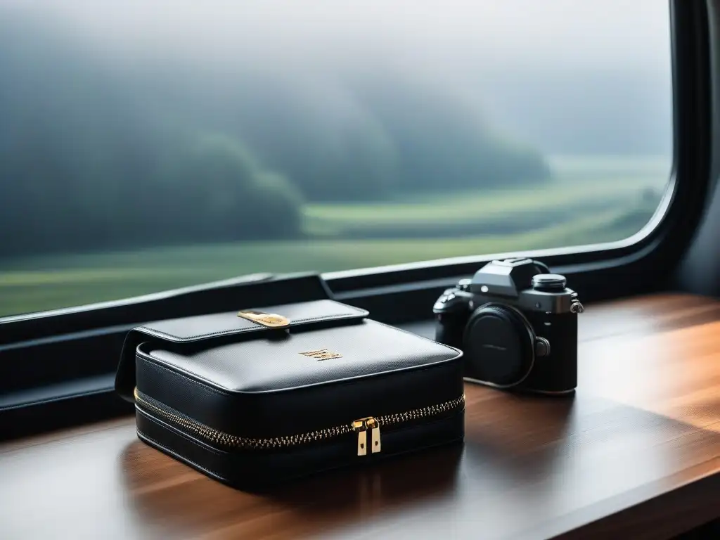 Organizador de lujo para gadgets de viaje en cuero Un elegante organizador de gadgets de viaje de lujo en cuero, con finos detalles y logos, en un entorno sofisticado de viaje en avión de primera clase