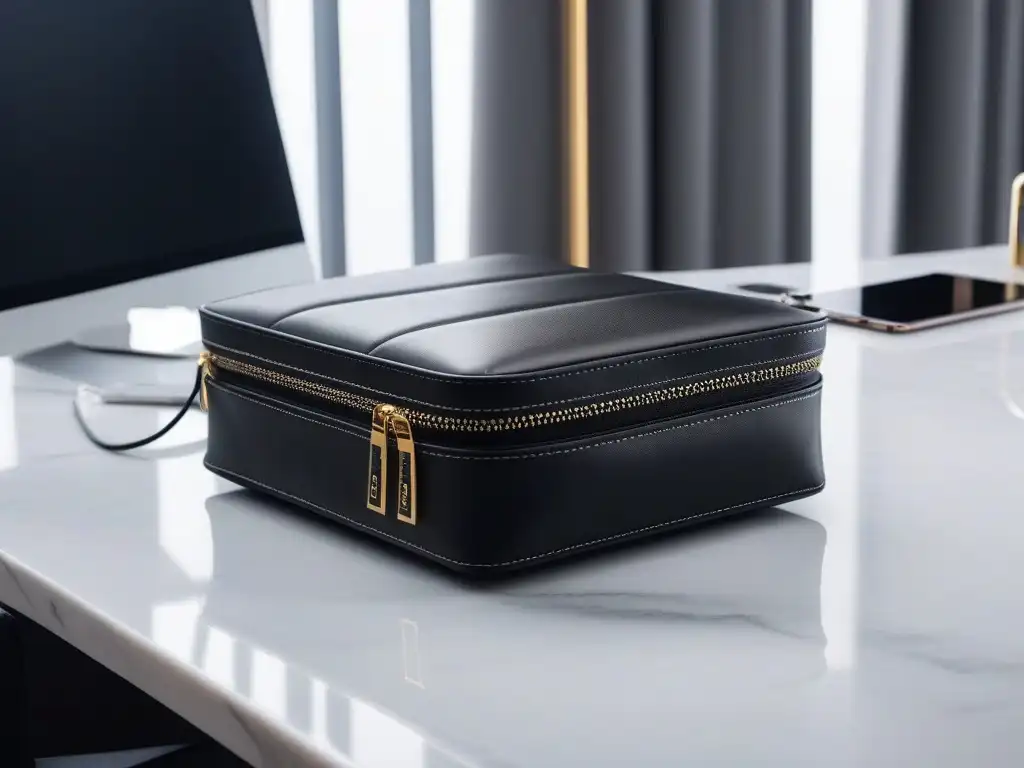Organizador de lujo para gadgets de viaje en cuero de alta calidad Elegante organizador de gadgets de viaje de lujo en cuero de alta calidad sobre mesa de mármol bajo suave iluminación