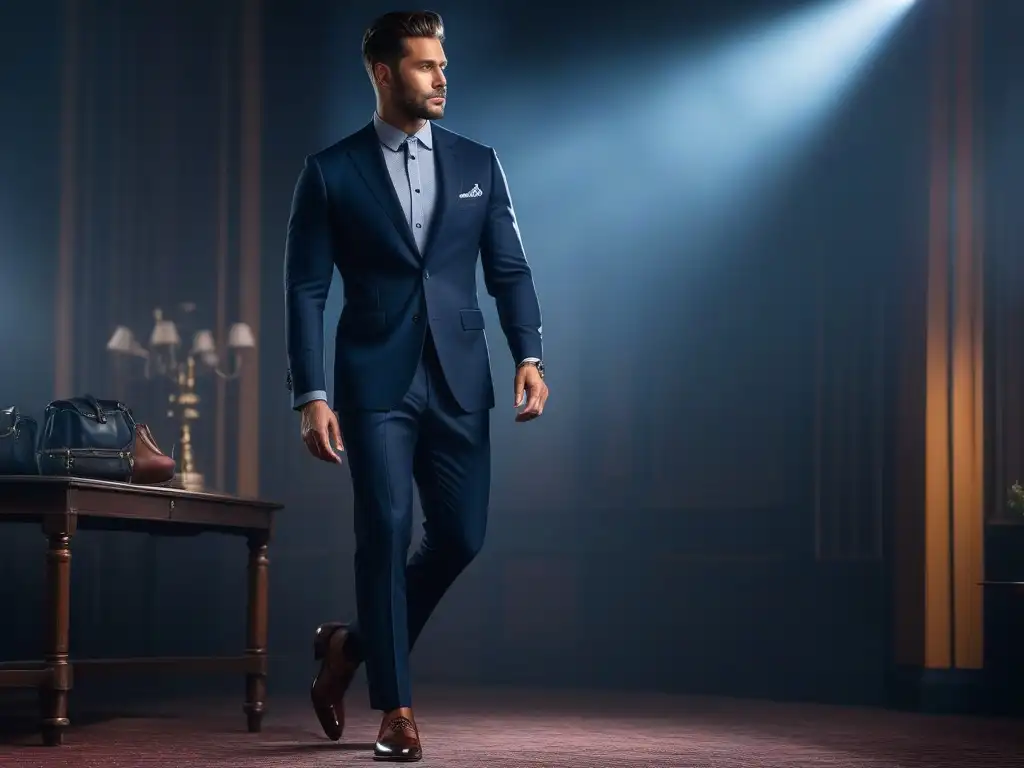 Outfit elegante para hombre pequeño: traje a medida en azul y gris Elegante outfit para hombre petite en tonos azul marino y gris, proyectando profesionalismo y confianza