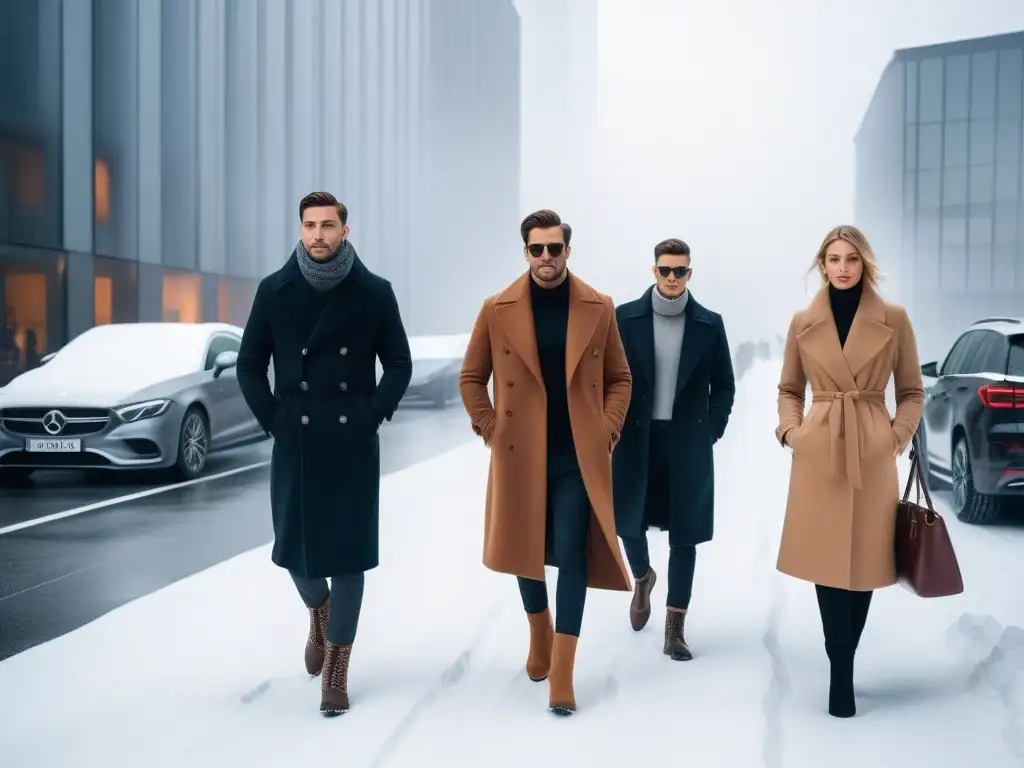 Elegancia invernal para altos: moda y estilo en la ciudad nevada Una elegante pandilla de altos pasea por la ciudad nevada con ropa de exterior para altos, mostrando estilo y sofisticación invernal