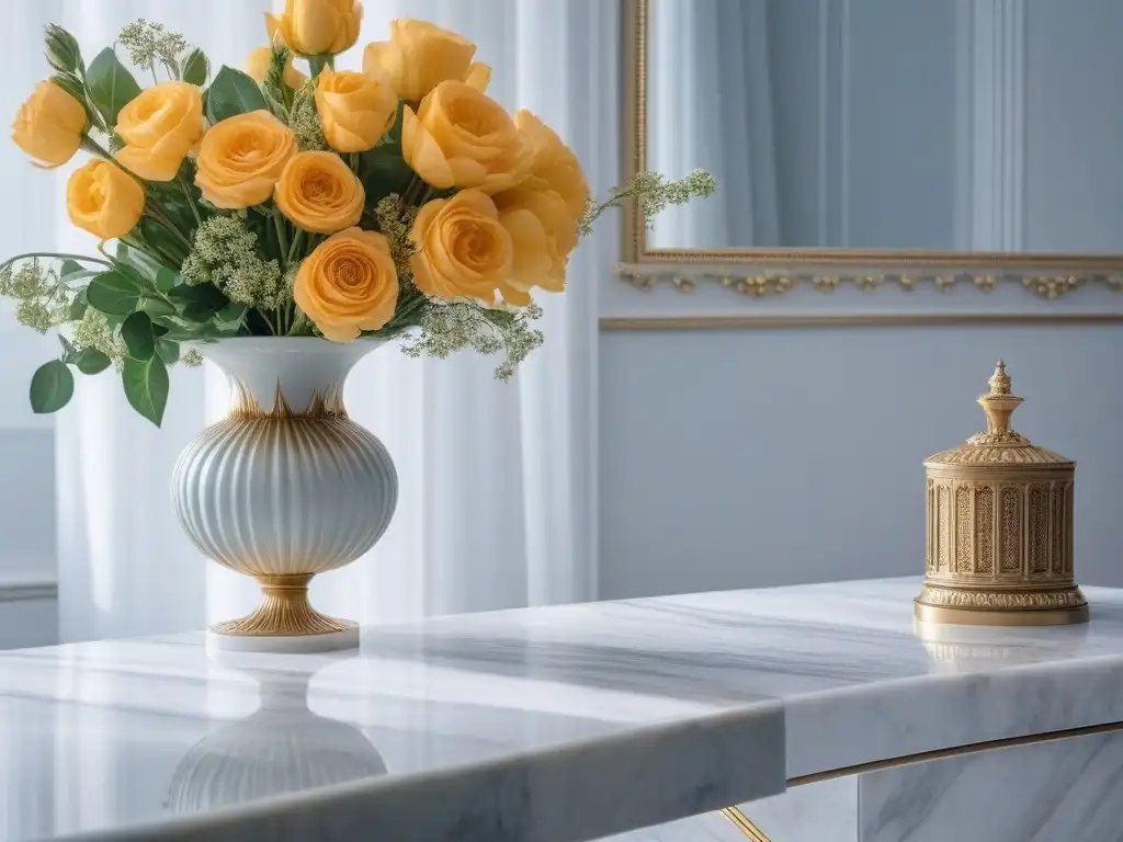 Pañuelo de seda de lujo sobre mesa de mármol Un elegante pañuelo de seda sobre una mesa de tocador de mármol, iluminado por luz natural, con patrones intrincados y textura brillante