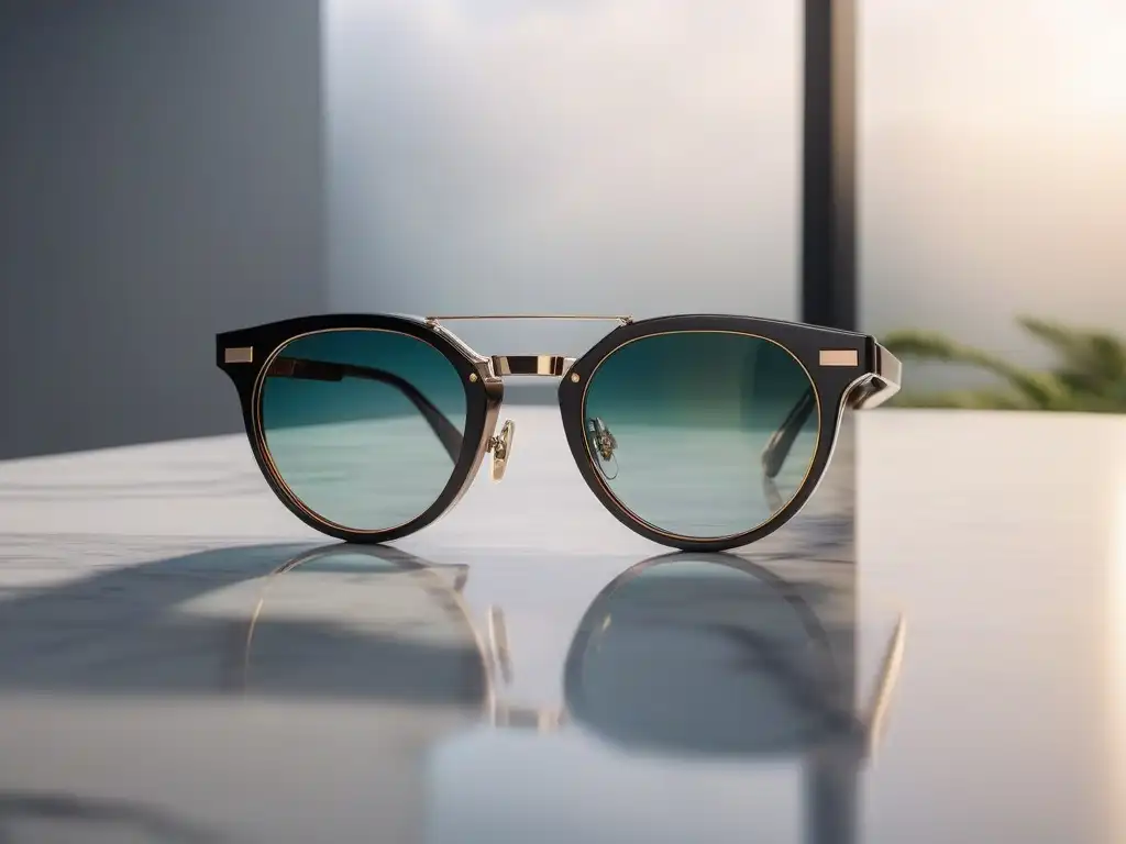 Gafas inteligentes de diseño futurista: elegancia y tecnología de vanguardia en un solo accesorio Un elegante par de gafas inteligentes de diseño sobre una encimera de mármol, resaltadas por una luz suave