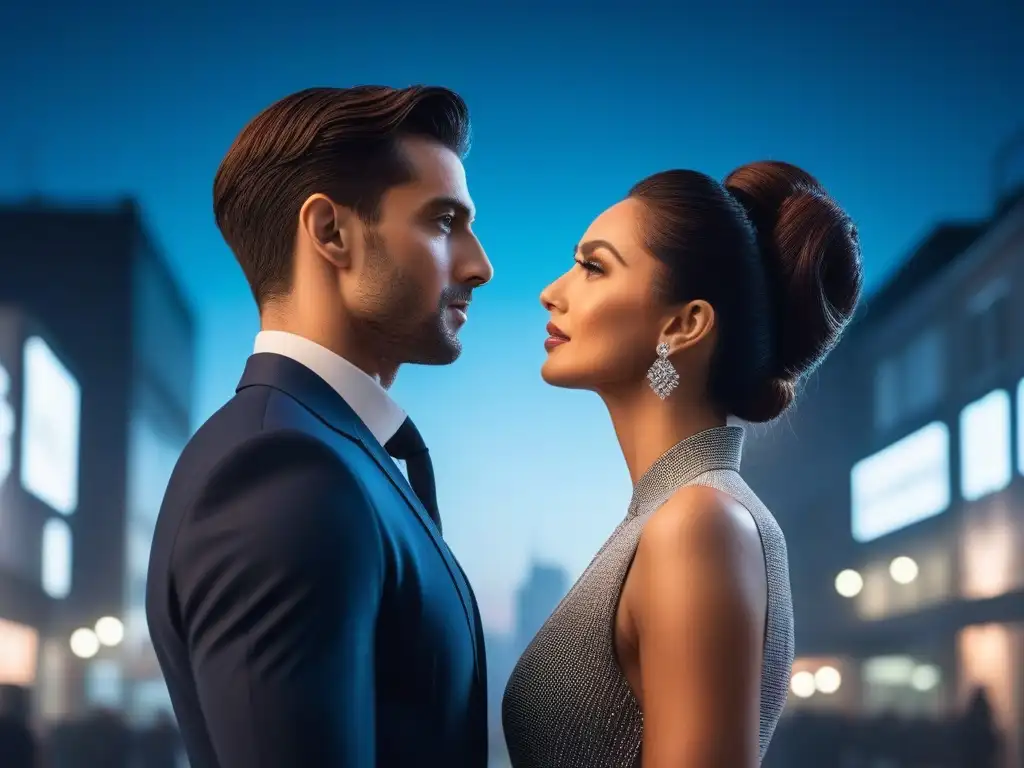 Estilo urbano: pareja chic ajustando cuellos al atardecer Elegante pareja de diferente altura ajustando detalles, en armonía con el estilismo para parejas de diferente altura