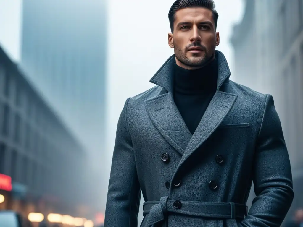 Alto y elegante: modernidad en la ciudad Elegante persona alta viste abrigo sofisticado en la ciudad