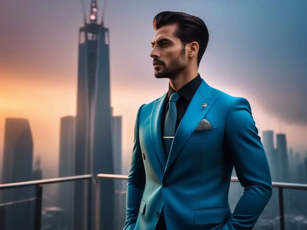 Elegante y poderoso: figura imponente en ciudad moderna Elegante persona alta en la ciudad, vistiendo traje a medida en tono audaz, proyectando poder y sofisticación