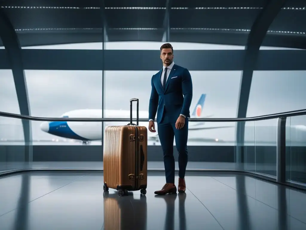 Viajero elegante: equipaje moderno para altos Elegante persona alta junto a moderno equipaje, ideal para viajeros altos