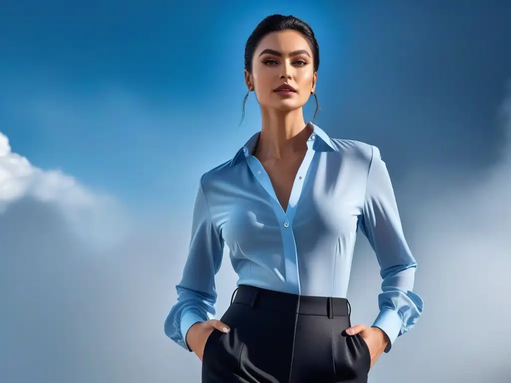 Elegante persona alta con blusa sofisticada en estilo moderno Elegante persona alta vistiendo ropa de alta calidad para altos, transmitiendo confianza y profesionalismo en un entorno lujoso y moderno