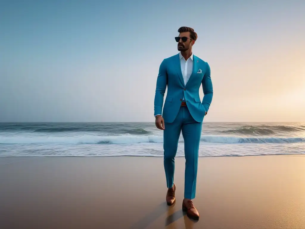 Silueta elegante: traje de lino en la playa al atardecer Elegante persona alta en traje de lino en la playa al atardecer