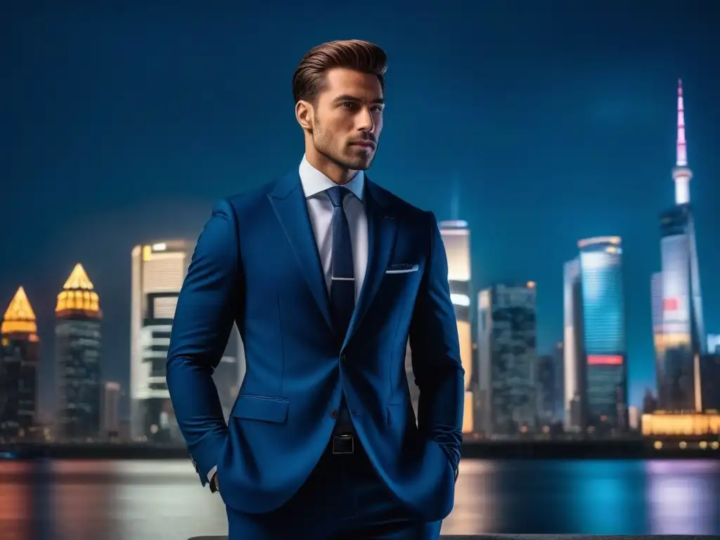 Moda urbana para altos: elegancia al atardecer Elegante persona alta en traje frente a la ciudad al atardecer, mostrando estilo y confianza