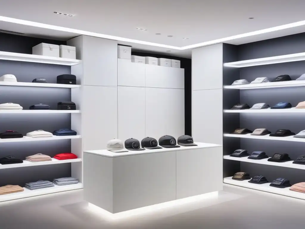 Vitrina de moda de lujo: elegancia y sofisticación Elegante presentación de productos de moda en un showroom moderno con iluminación ambiental suave y minimalismo blanco