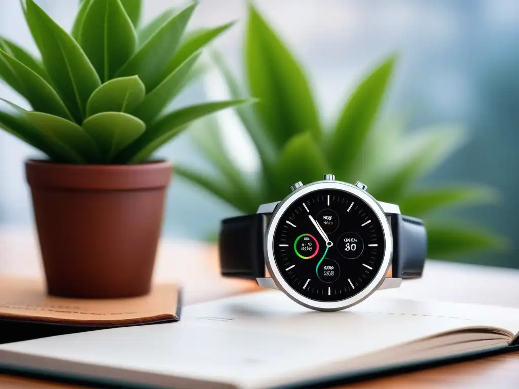 Smartwatch de acero inoxidable: salud y elegancia Un elegante reloj inteligente con una banda de acero inoxidable, en un entorno de trabajo minimalista y sofisticado
