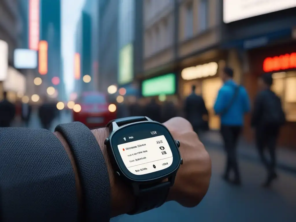 Smartwatch de alta tecnología para viajeros urbanos Un elegante reloj inteligente con traductor de idiomas, reproductor de música y GPS en la muñeca de un viajero explorando una bulliciosa ciudad
