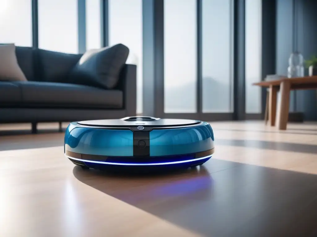 Robot aspirador futurista en sala minimalista Elegante robot de limpieza para hogar blanco, con detalles azules, navegando en un salón minimalista