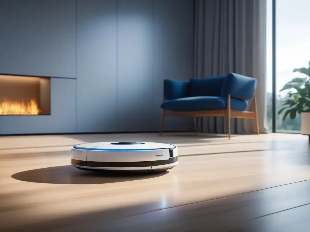Robot aspirador futurista en acción: elegancia y precisión Elegante robot de limpieza para hogar deslizándose con precisión sobre suelo de madera iluminado por el sol