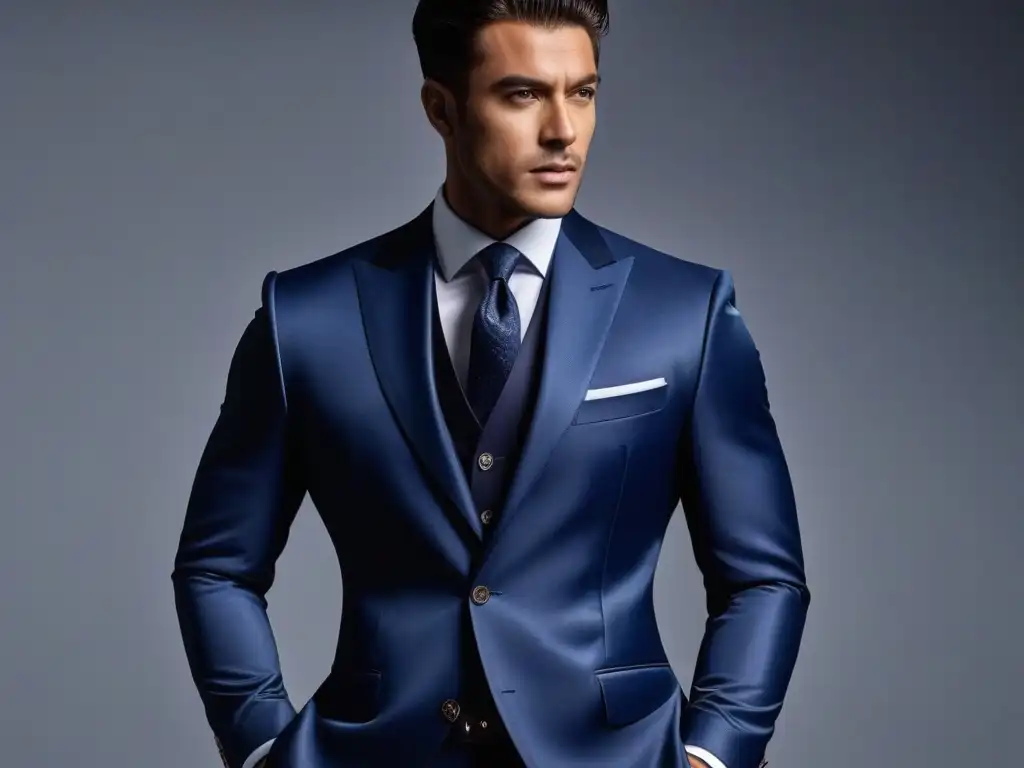 Traje azul marino: elegancia y precisión en cada detalle Un elegante saco azul marino sobre un maniquí, destacando la sastrería impecable y la sofisticación del conjunto