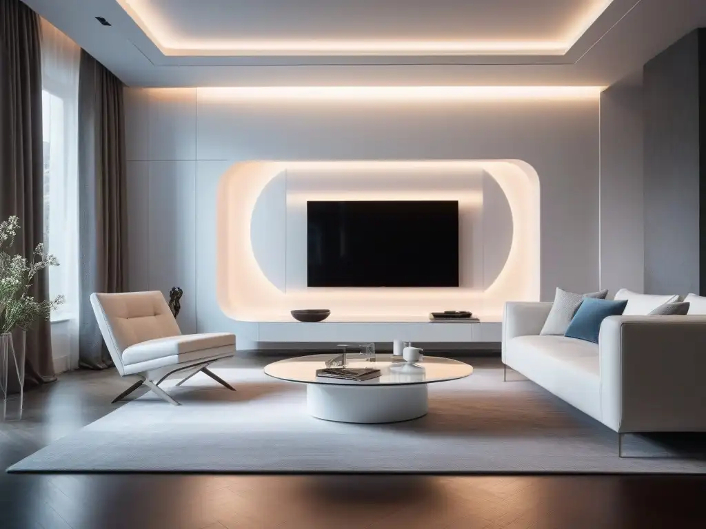 Elegante sala de estar futurista con muebles blancos minimalistas y gadgets de alta tecnología integrados en la decoración