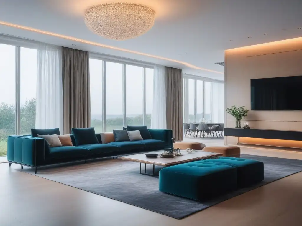 Salón de lujo inteligente: diseño futurista y tecnología Elegante sala de estar en un hogar inteligente de lujo, iluminación inteligente ambiental resalta la sofisticación y calidez del espacio