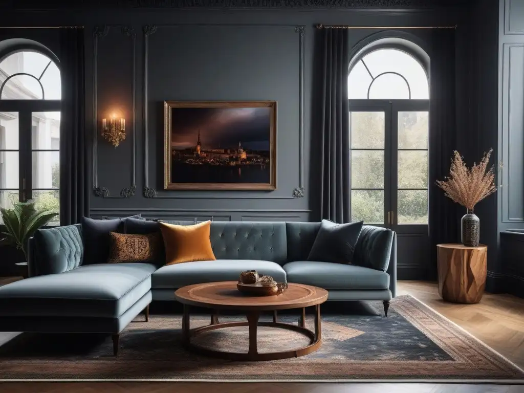 Sala de estar elegante con mezcla de muebles modernos y vintage Elegante sala de estar con mezcla de estilos de mobiliario diseño coherente y sofisticado, iluminada por luz natural suave