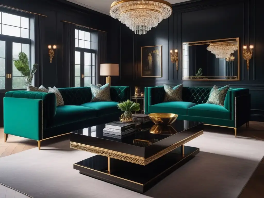 Salón de lujo Art Deco con sofisticados muebles en tonos joya Elegante sala de estar con mobiliario de lujo estilo art deco en tonos joya y ambiente opulento