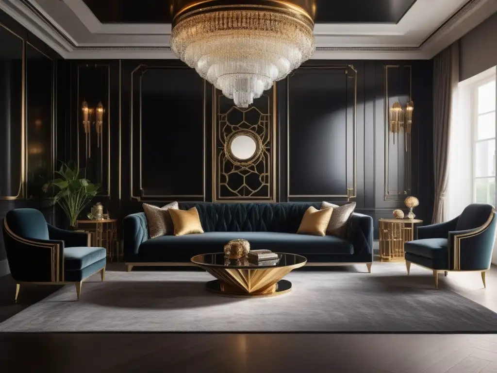 Elegancia Art Deco: Sala lujosa con muebles y detalles sofisticados Elegante sala de estar con mobiliario de lujo estilo art deco, sofisticación y opulencia en cada detalle