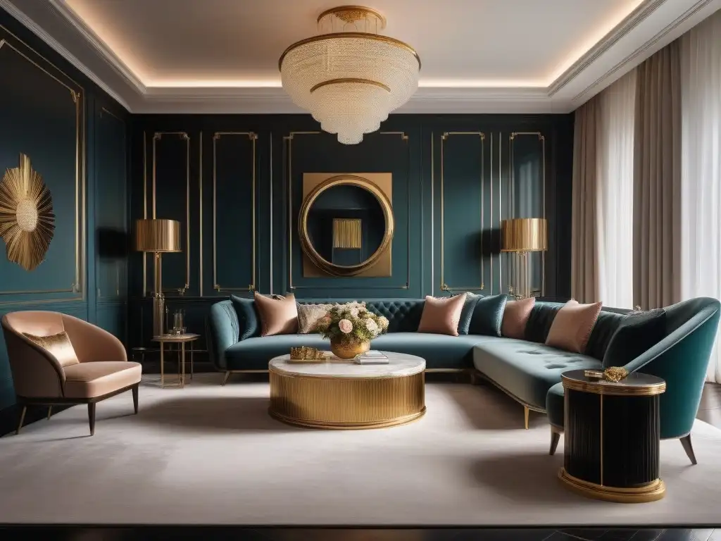 Salón de lujo con muebles art déco en mármol, terciopelo y detalles dorados Elegante sala de estar con mobiliario de lujo estilo art deco, líneas geométricas y materiales opulentos