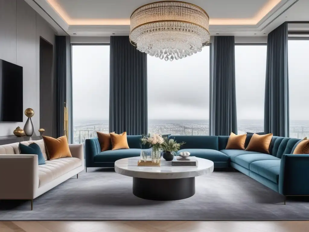 Sofisticado salón moderno con accesorios de diseño exclusivo Elegante sala de estar moderna con accesorios de diseño para hogar, iluminada por luz natural suave
