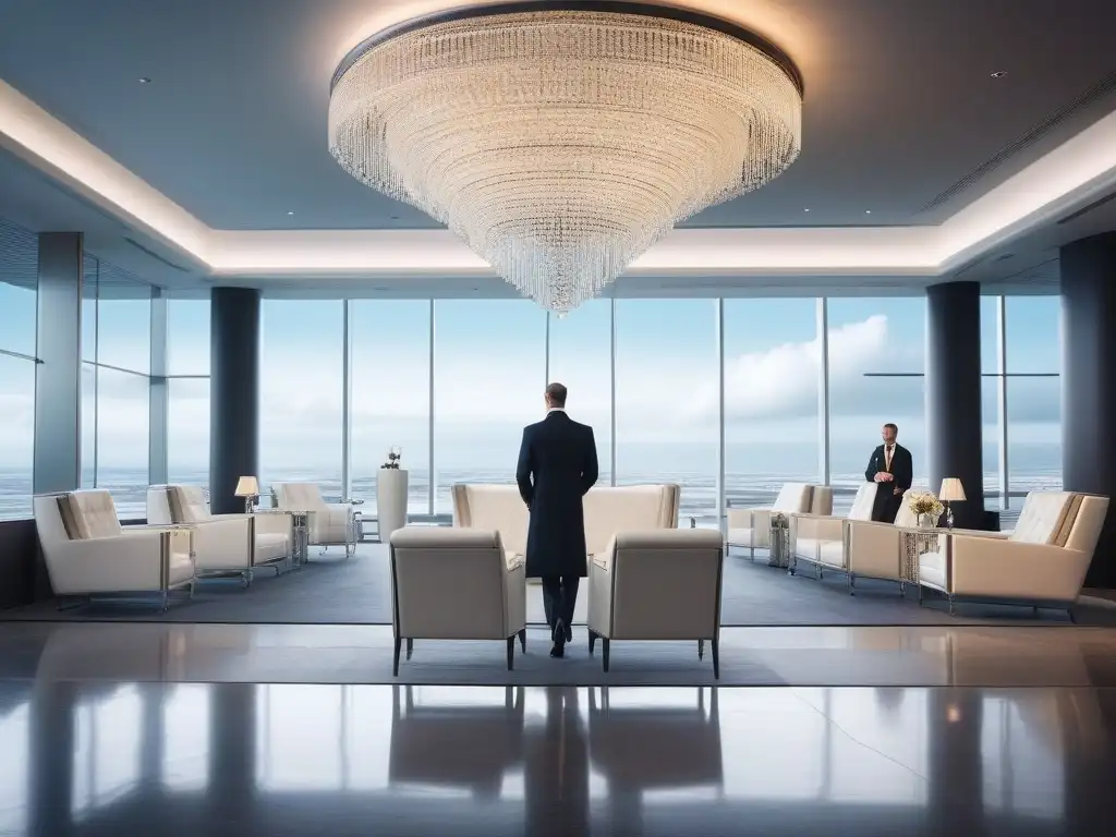Salón de lujo en aeropuerto: glamour y sofisticación Un elegante salón de aeropuerto con sillas de cuero blanco, suelo de mármol y una deslumbrante lámpara de cristal