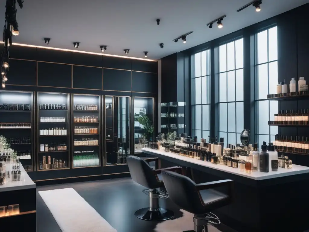 Salón de belleza vegano: elegancia en decoración minimalista Un elegante salón de belleza con decoración minimalista y productos veganos en estantes