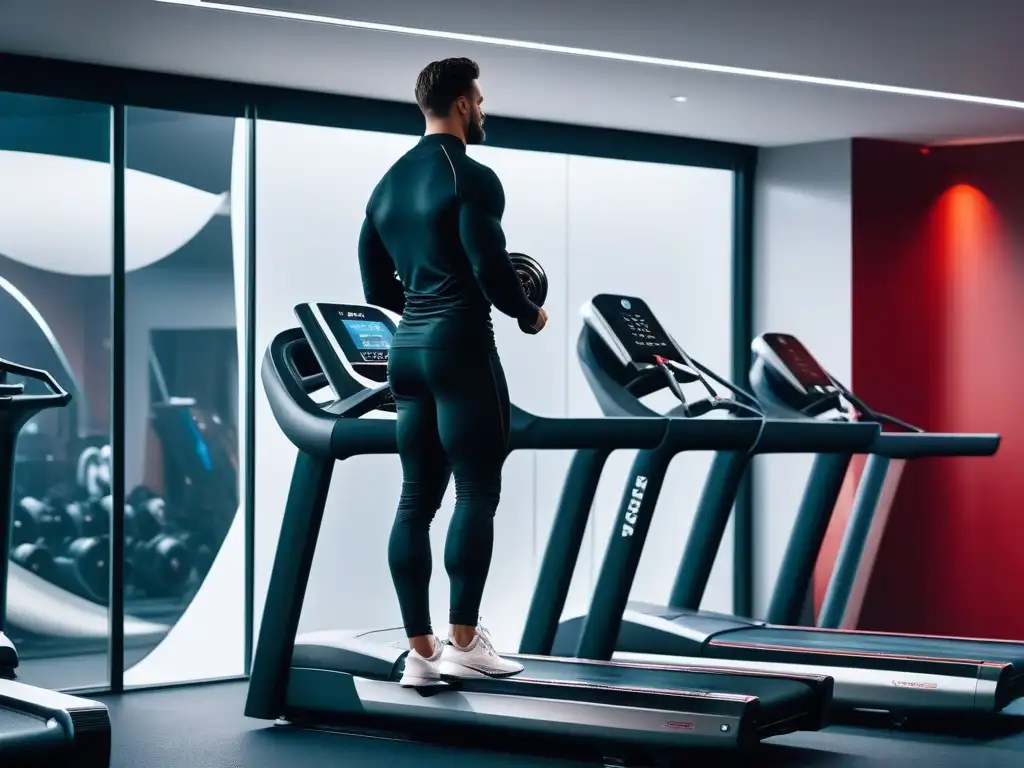 Showroom de lujo: Equipamiento fitness de vanguardia Un elegante salón de exhibición de gimnasio con innovaciones en equipamiento fitness lujo, resaltado en iluminación ambiental suave
