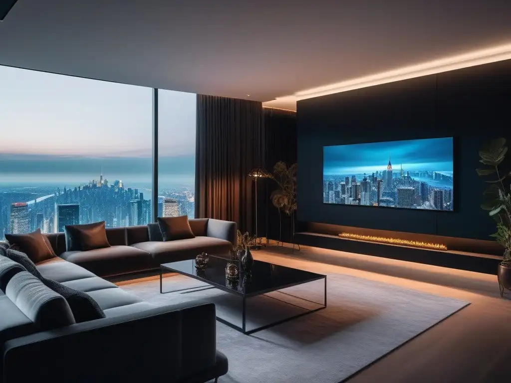 Salón de lujo en casa inteligente: alta tecnología y sofisticación Un elegante salón de lujo en una casa inteligente de alta tecnología con tendencias tecnológicas para hogar de lujo