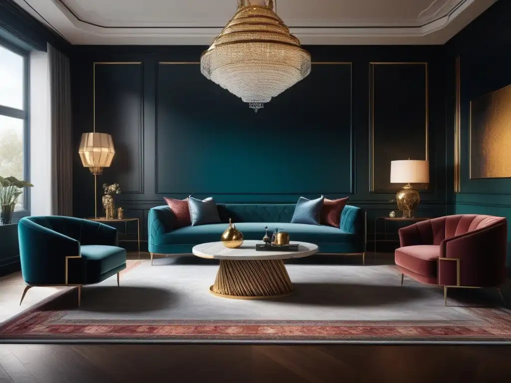 Sofisticada sala Art Deco con mobiliario moderno de terciopelo Un elegante salón de lujo con mobiliario de estilo art deco, sofisticado y contemporáneo