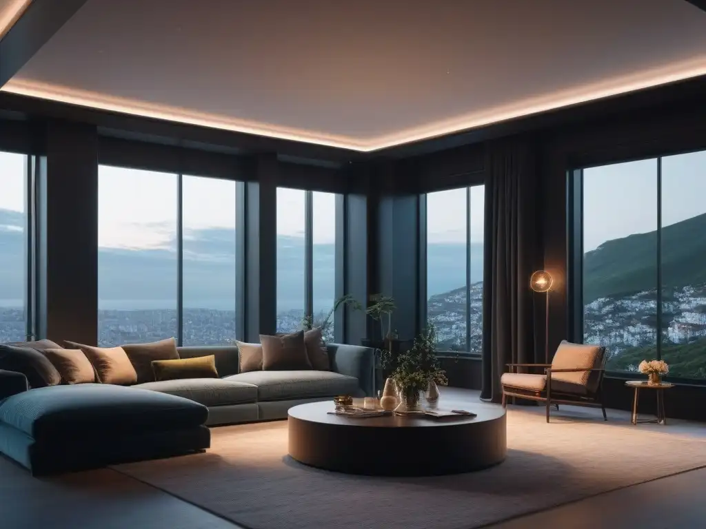 Salón de lujo con iluminación inteligente y moderna Un elegante salón de lujo con iluminación inteligente, decoración sofisticada y ambiente exclusivo