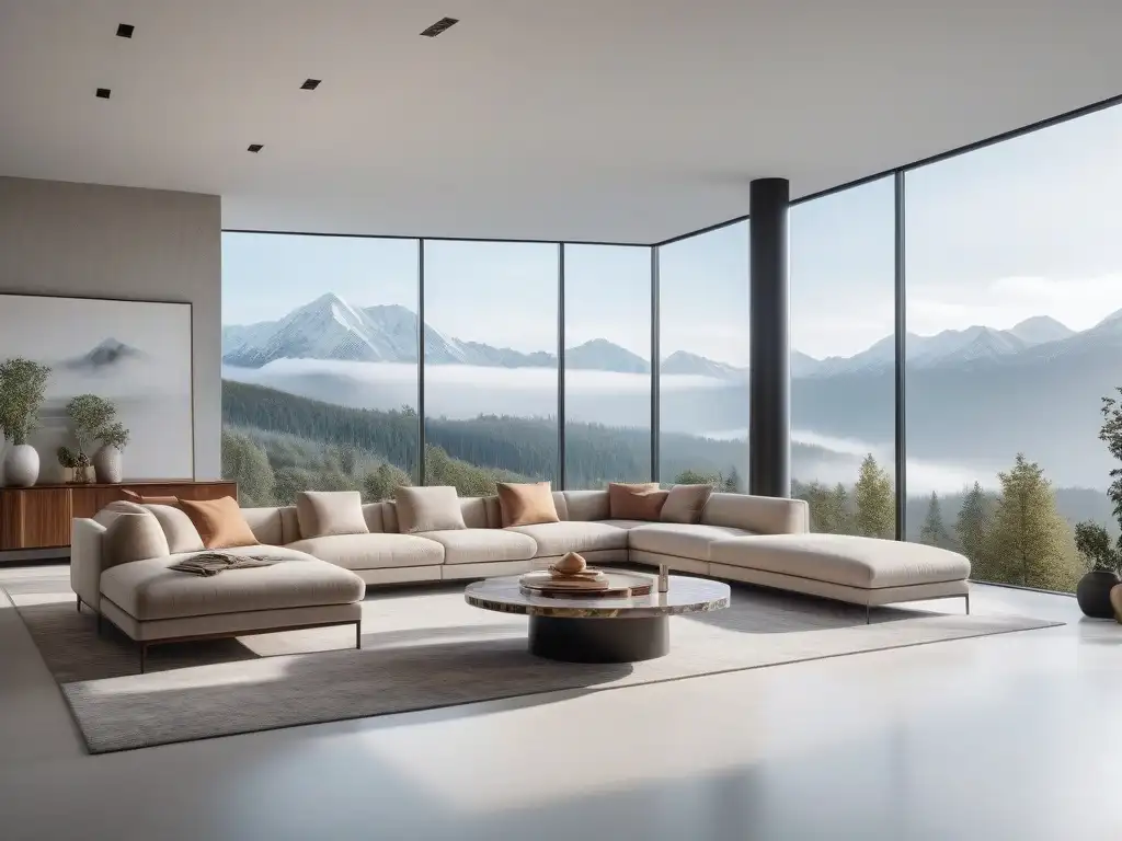 Sofisticada sala minimalista con vista panorámica y toques de lujo Un elegante salón minimalista de lujo con vista a paisaje sereno