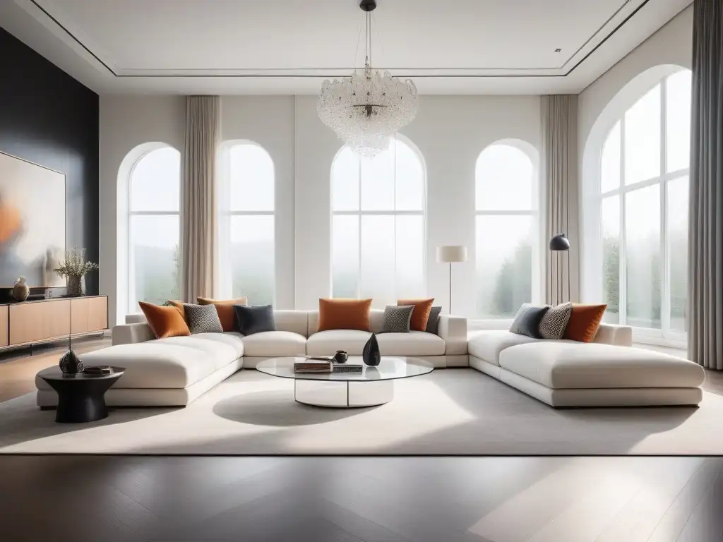 Sofisticada sala de estar minimalista en blanco y negro Un elegante salón minimalista de lujo con muebles en tonos monocromáticos, destacando un sofá blanco y una mesa de centro de vidrio
