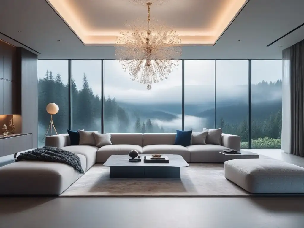 Sofisticado salón con sofá minimalista y mesa de mármol Un elegante salón con mobiliario de diseño global exclusivo en tonos suaves y minimalistas, iluminado por luz natural