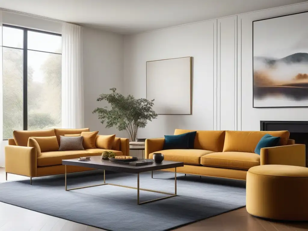 Sala de estar moderna y elegante: muebles de lujo y durabilidad Elegante salón con mobiliario de diseño resistente para niños, sofisticado y acogedor