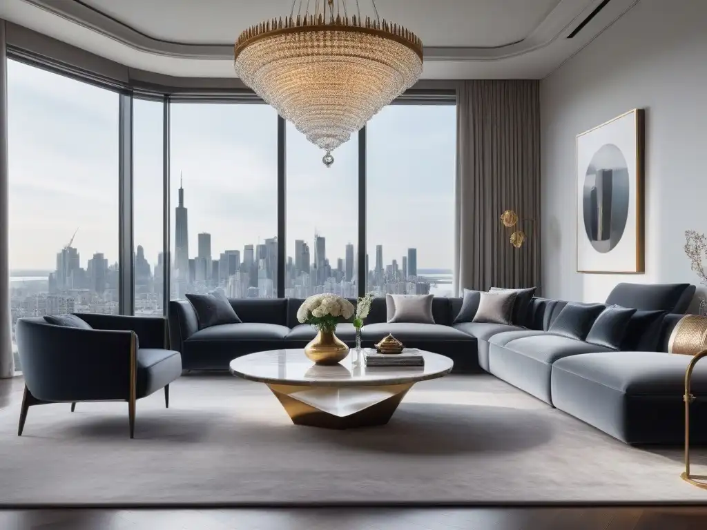 Sala de estar de lujo con chimenea de mármol blanco y detalles elegantes Un elegante salón moderno con accesorios de diseño para hogar en una lujosa chimenea de mármol blanco, con vista a la ciudad al anochecer