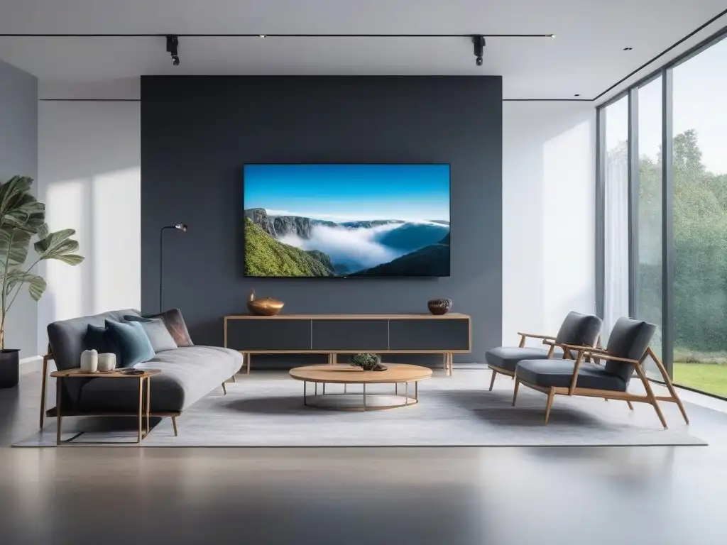 Sala de estar moderna: TV integrada en galería de arte Un elegante salón moderno con TV montada en pared y arte, mobiliario minimalista, sistema de sonido y luces inteligentes