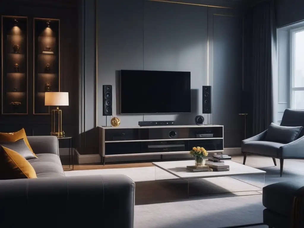 Salón moderno con sistema de entretenimiento de vanguardia Un elegante salón moderno con un sistema de entretenimiento doméstico de última generación como punto focal