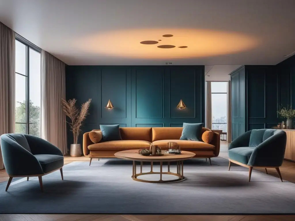 Sofisticado salón con iluminación LED inteligente y muebles modernos Un elegante salón con muebles modernos, iluminación cálida y control de luces, fusionando tecnología y lujo en un espacio contemporáneo