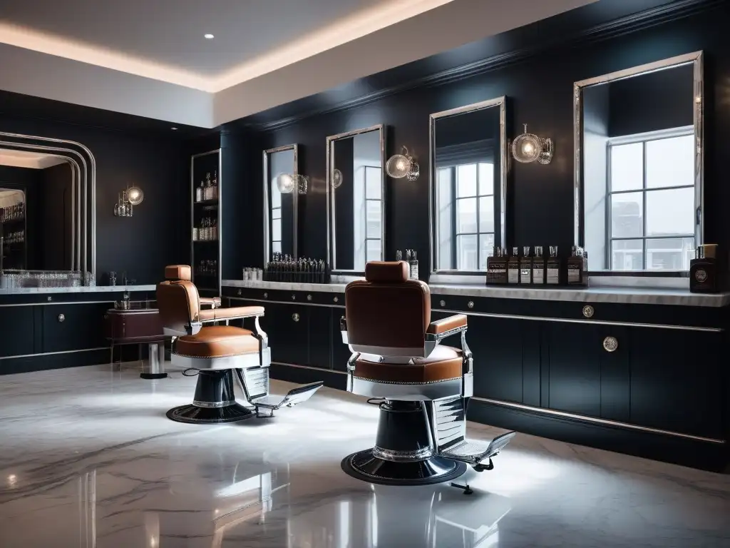 Barbería de lujo: modernidad y exclusividad Un elegante salón de barbería con productos de belleza de alta gama para hombres