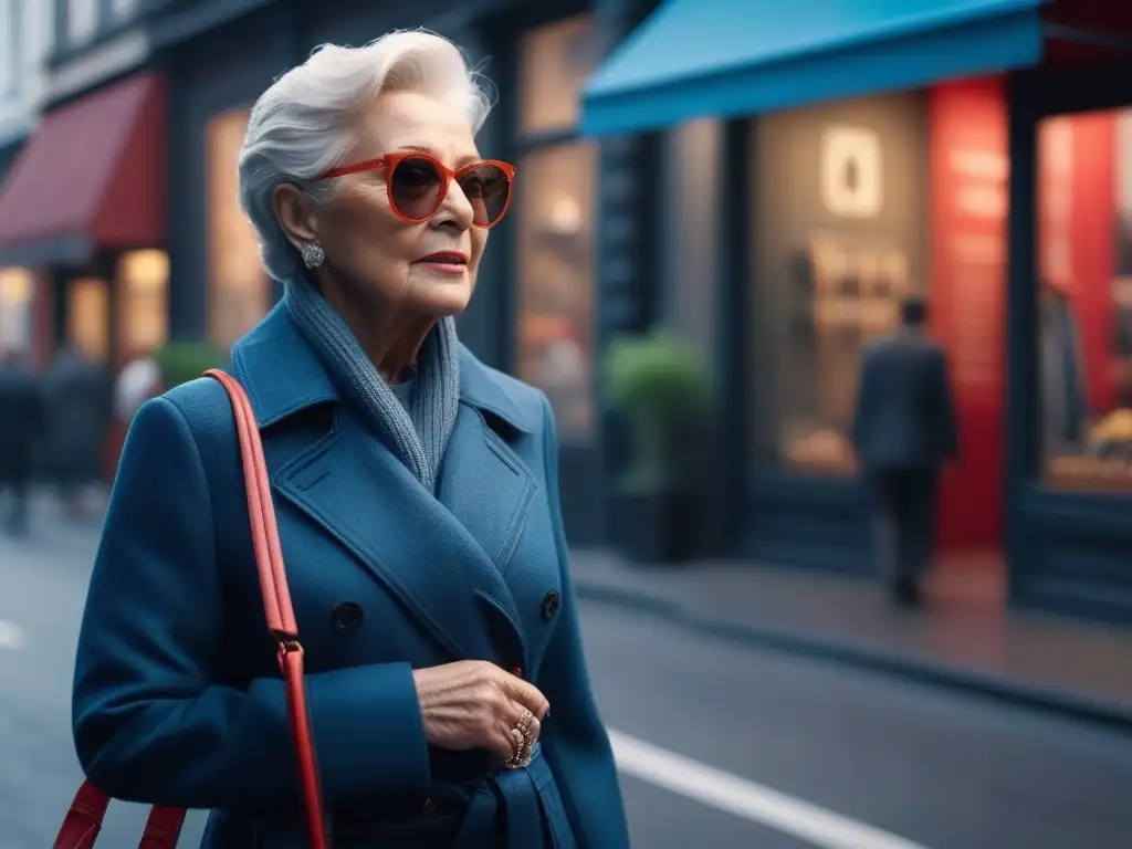 Estilo senior: mujer segura y moderna paseando por la ciudad Una elegante senior caminando con confianza por una calle urbana, rodeada de tiendas de moda y peatones a la moda