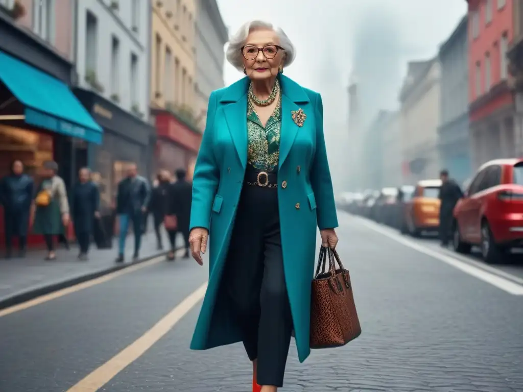 Empoderamiento senior: rompiendo estereotipos de moda con estilo Elegante senior desafiando estereotipos de moda, camina segura en la ciudad