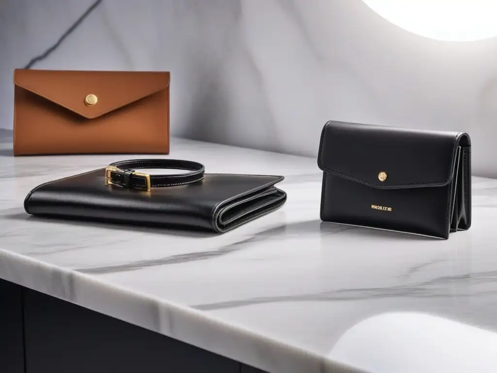 Conjunto de accesorios veganos de lujo sobre mármol blanco Un elegante set de accesorios de viaje veganos de lujo sobre un mostrador de mármol blanco