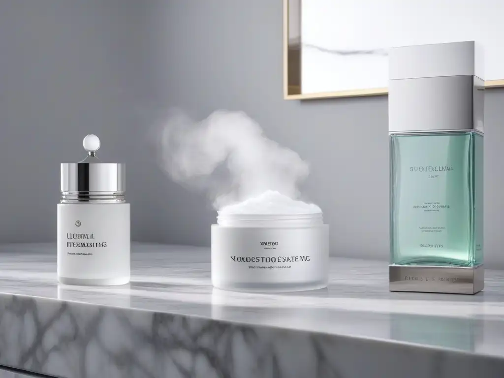 Set de cuidado facial de lujo en mármol: indulgencia y autocuidado Un elegante set de cuidado de la piel sobre una encimera de mármol, con packaging lujoso y luz suave, inspirando autoestima y bienestar en un ambiente de indulgencia